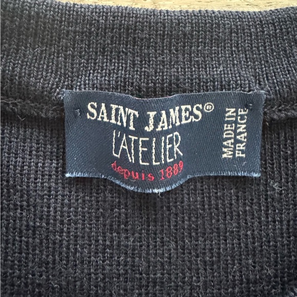 NWOT Saint James Bregancon Jacquard striped navy ivory wool sweater elbow patch - Picture 8 of 12